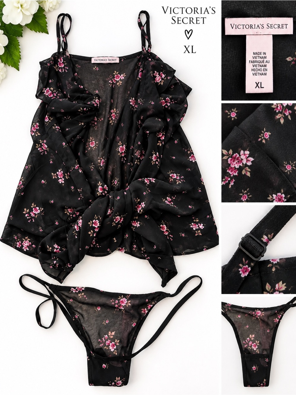 Victoria's Secret Black Floral Sheer Chemise & Thong Set XL NWT